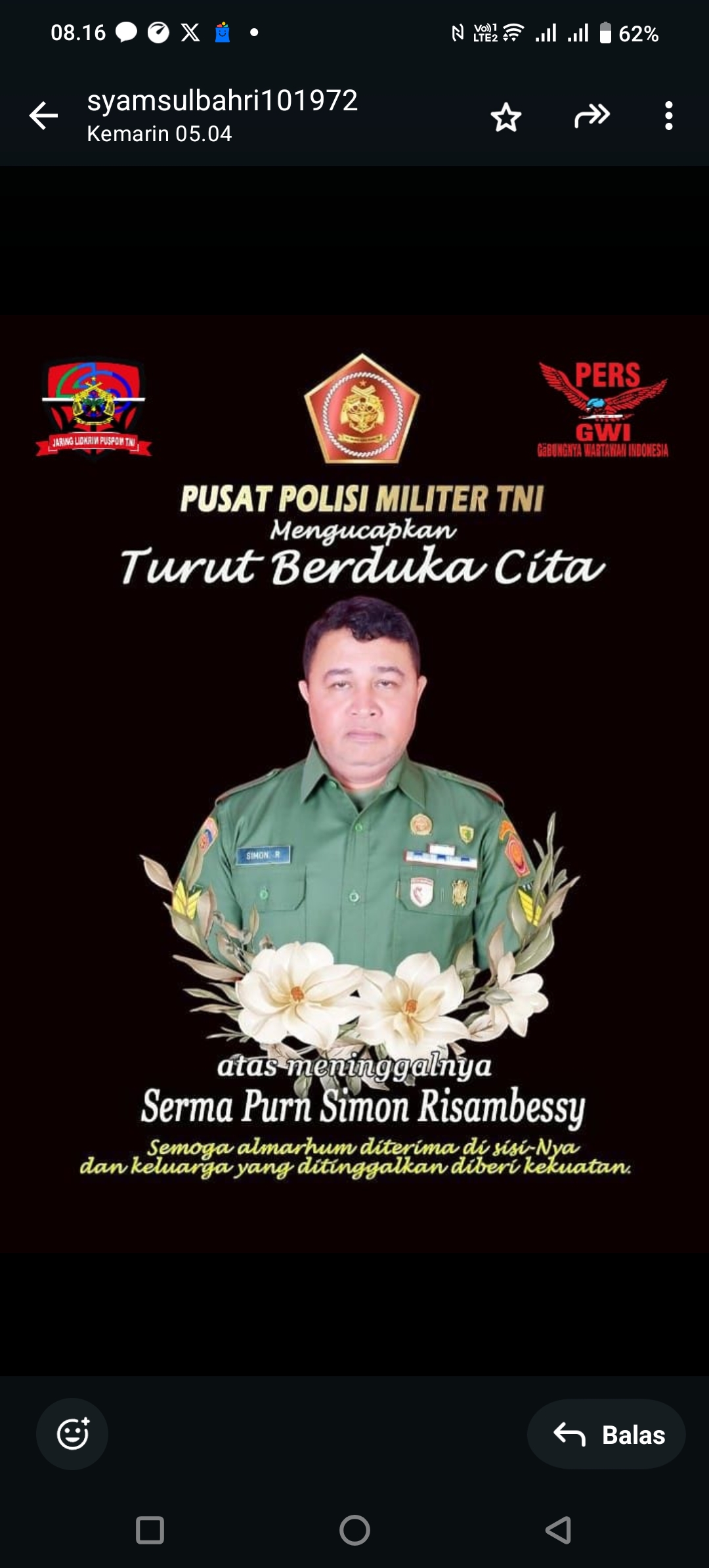 Kenangan Tak Terlupakan, Serma (Purn) Simon Risambessy Berpulang dalam Damai — GWI Provinsi Banten Turut  Berbela Sungkawa